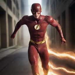 Lucas Till in the role of the Flash, running fast through the shimmering, energy-filled Speed Force.