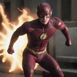 Lucas Till in the role of the Flash, running fast through the shimmering, energy-filled Speed Force.