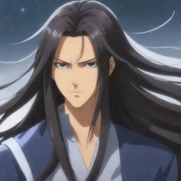 Anime character with flowing long hair, sporting a striking look of determination