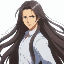 Anime character with flowing long hair, sporting a striking look of determination