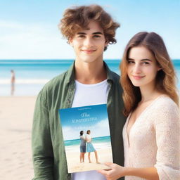 Create a book cover image featuring a young man and woman standing by the beach, facing each other