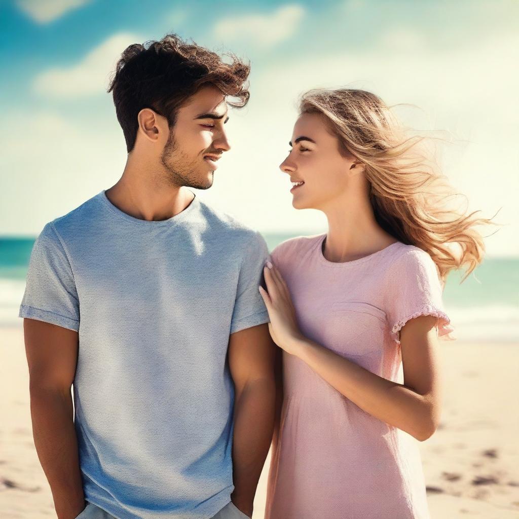 Create a book cover image featuring a young man and woman standing by the beach, facing each other