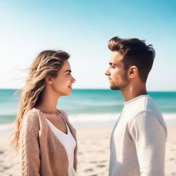 Create a book cover image featuring a young man and woman standing by the beach, facing each other