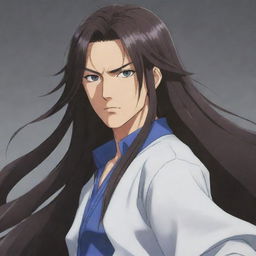 Anime character with flowing long hair, sporting a striking look of determination