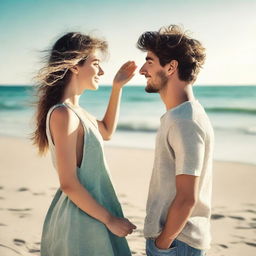 Create a book cover image featuring a young man and woman standing by the beach, facing each other