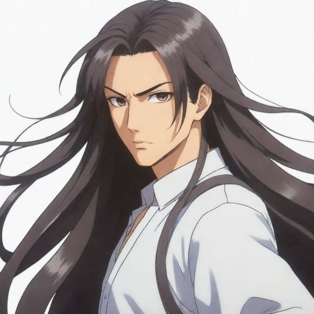 Anime character with flowing long hair, sporting a striking look of determination