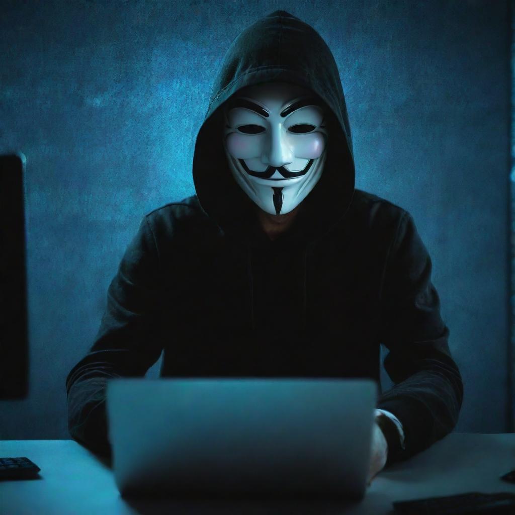 A skilled, anonymous hacker working on a computer with intricate codes on the screen, backed by a stylized Telegram app logo as a luminous background.