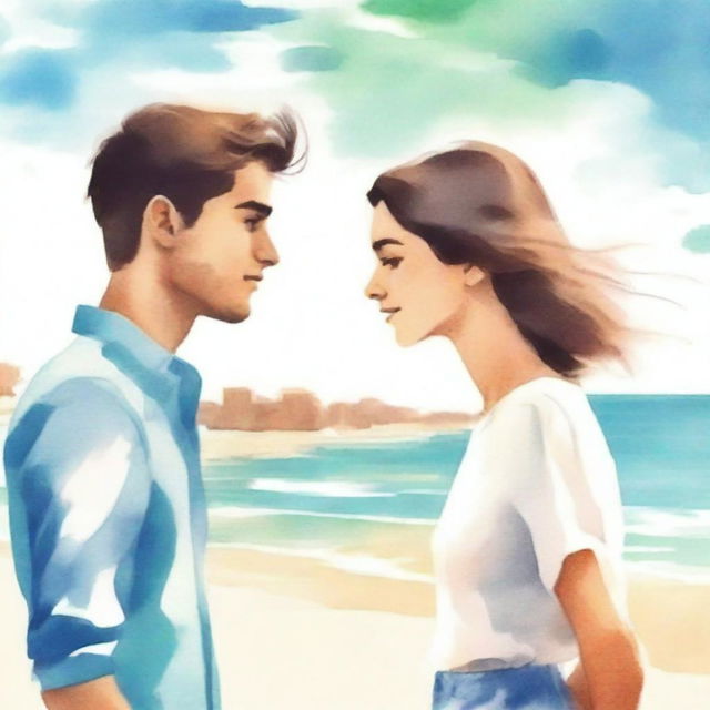 Create a book cover image featuring a young man and woman standing by the beach, facing each other