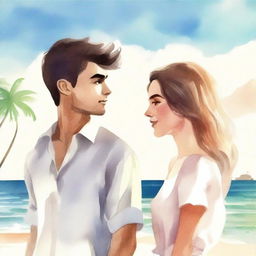 Create a book cover image featuring a young man and woman standing by the beach, facing each other