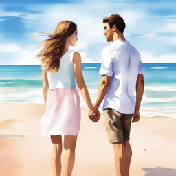 Create a book cover image featuring a young man and woman standing by the beach, facing each other