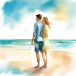 Create a book cover image featuring a young man and woman standing by the beach, facing each other