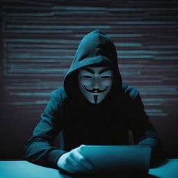 A skilled, anonymous hacker working on a computer with intricate codes on the screen, backed by a stylized Telegram app logo as a luminous background.