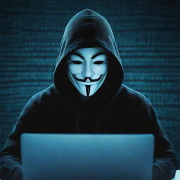 A skilled, anonymous hacker working on a computer with intricate codes on the screen, backed by a stylized Telegram app logo as a luminous background.