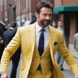 Hugh Jackman wearing the classic yellow suit from X-men.