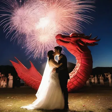 The couple exchanged passionate kisses under the romantic night sky as a dragon-shaped fireworks display lit up the air.