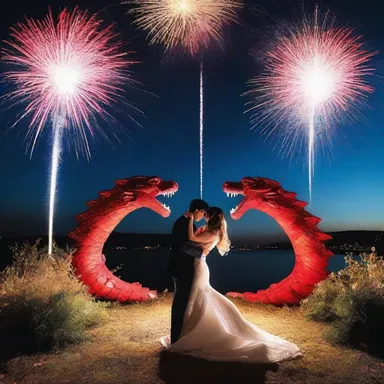 The couple exchanged passionate kisses under the romantic night sky as a dragon-shaped fireworks display lit up the air.
