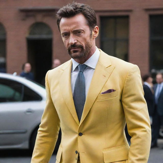 Hugh Jackman wearing the classic yellow suit from X-men.