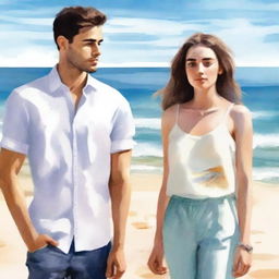 Create a book cover image featuring a young man and woman standing by the beach, facing each other