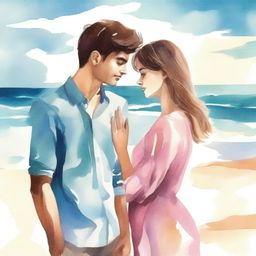 Create a book cover image featuring a young man and woman standing by the beach, facing each other