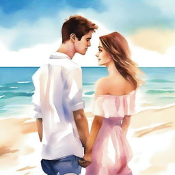 Create a book cover image featuring a young man and woman standing by the beach, facing each other