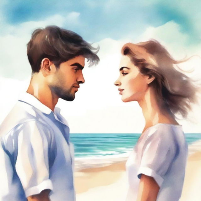 Create a book cover image featuring a young man and woman standing by the beach, facing each other