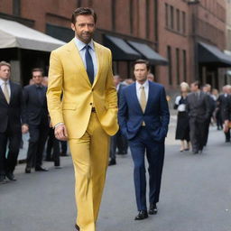 Hugh Jackman wearing the classic yellow suit from X-men.