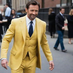 Hugh Jackman wearing the classic yellow suit from X-men.