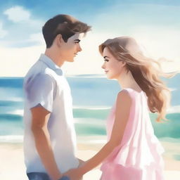 Create a book cover image featuring a young man and woman standing by the beach, facing each other