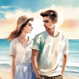 Create a book cover image featuring a young man and woman standing by the beach, facing each other