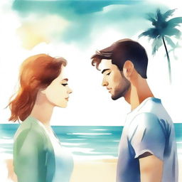 Create a book cover image featuring a young man and woman standing by the beach, facing each other