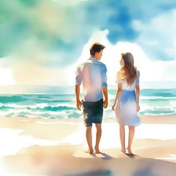 Create a book cover image featuring a young man and woman standing by the beach, facing each other