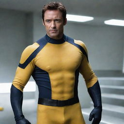 Hugh Jackman donning the iconic yellow uniform of the X-men.