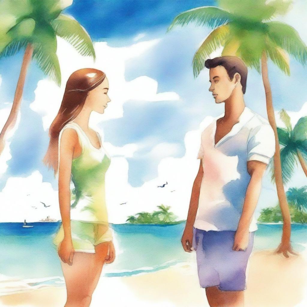 Create a book cover image in watercolour themes featuring a young man and woman standing by the beach, facing each other