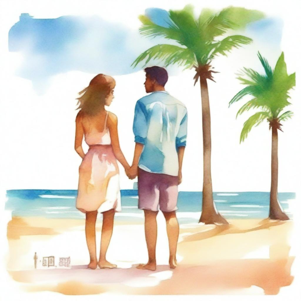 Create a book cover image in watercolour themes featuring a young man and woman standing by the beach, facing each other