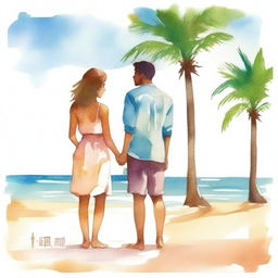 Create a book cover image in watercolour themes featuring a young man and woman standing by the beach, facing each other