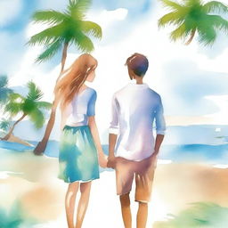 Create a book cover image in watercolour themes featuring a young man and woman standing by the beach, facing each other