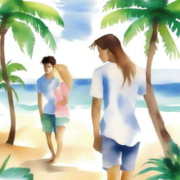 Create a book cover image in watercolour themes featuring a young man and woman standing by the beach, facing each other