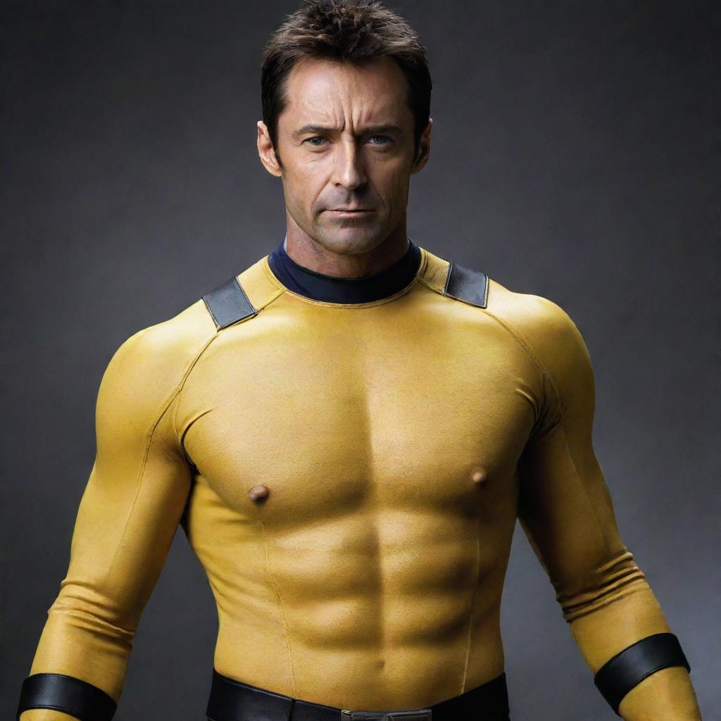 Hugh Jackman donning the iconic yellow uniform of the X-men.