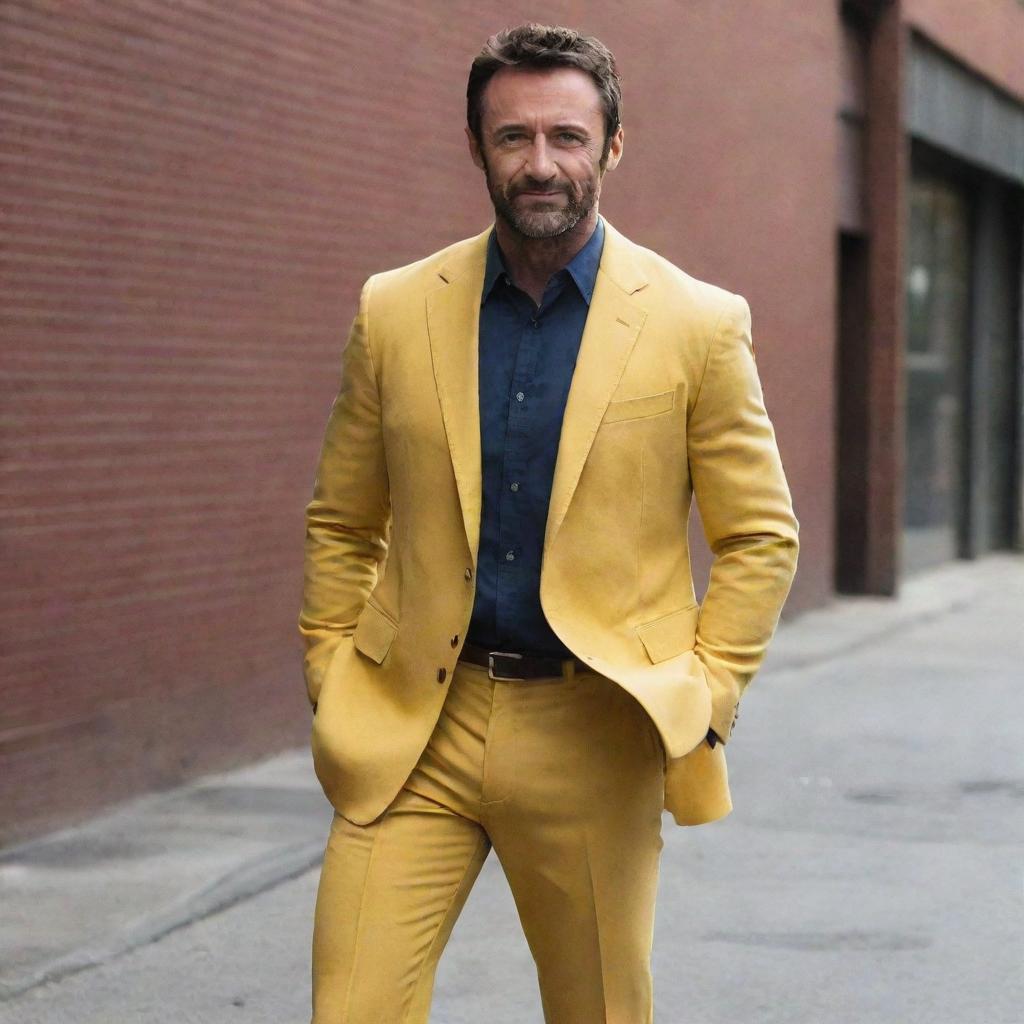 Hugh Jackman dressed in Wolverine's distinctive yellow suit.