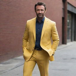 Hugh Jackman dressed in Wolverine's distinctive yellow suit.