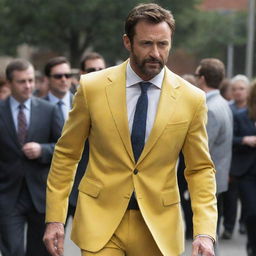 Hugh Jackman dressed in Wolverine's distinctive yellow suit.