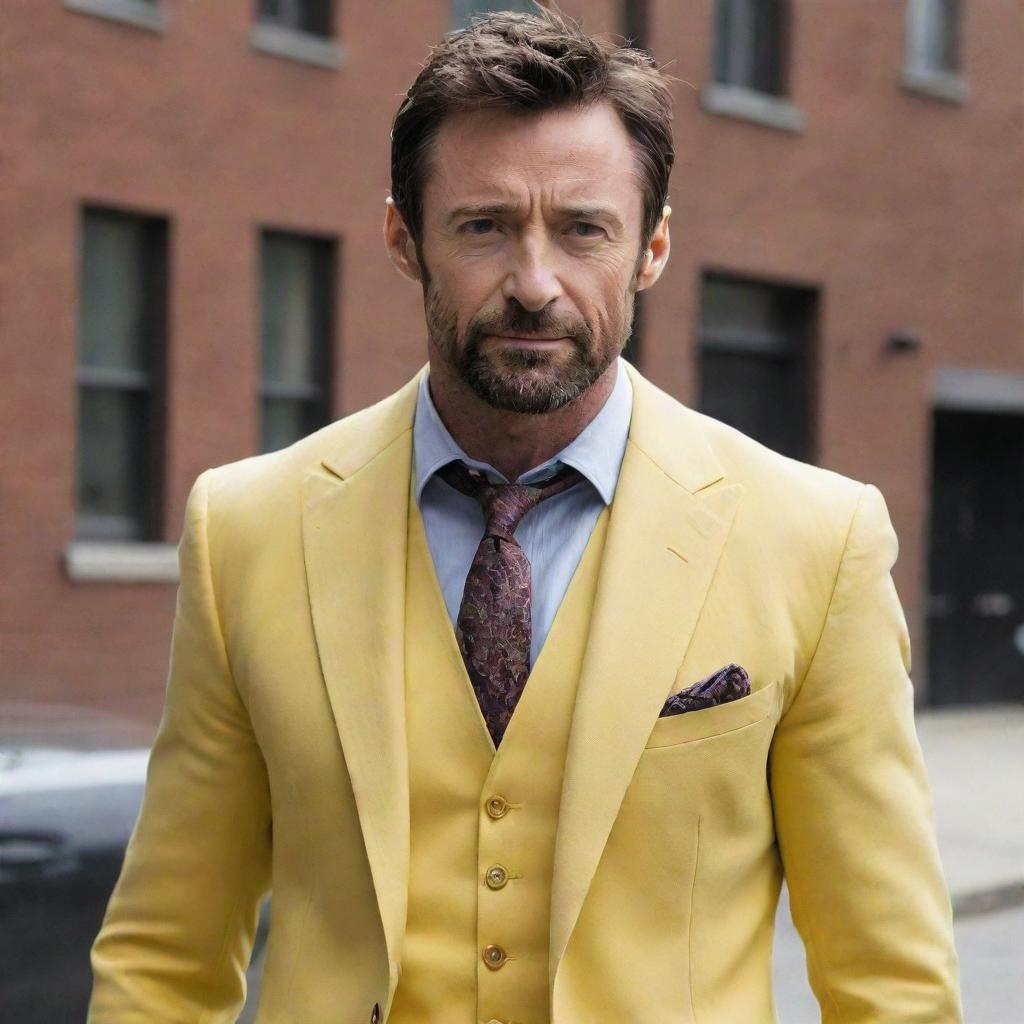 Hugh Jackman dressed in Wolverine's distinctive yellow suit.