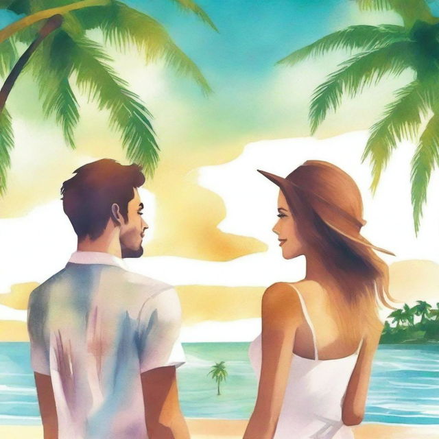 Create a book cover image featuring a young man and woman standing by the beach, facing each other