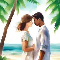 Create a book cover image featuring a young man and woman standing by the beach, facing each other