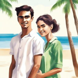 Create a book cover image featuring a young man and woman standing by the beach, facing each other