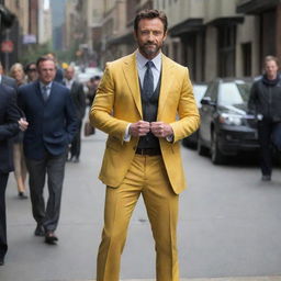 Hugh Jackman dressed in Wolverine's distinctive yellow suit.