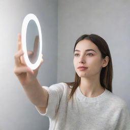 Illustrate a scene with an individual taking a mirror selfie, featuring a large source of bright white light to their right.