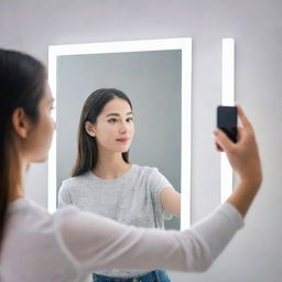 Illustrate a scene with an individual taking a mirror selfie, featuring a large source of bright white light to their right.