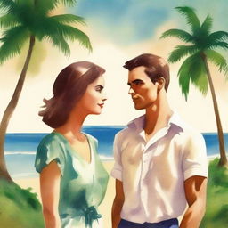 Create a book cover image with the feel of an old movie poster, featuring a young man and woman standing by the beach, facing each other