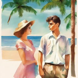 Create a book cover image with the feel of an old movie poster, featuring a young man and woman standing by the beach, facing each other